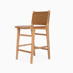 Teak and Woven Leather Counter Stool with Back | Tan