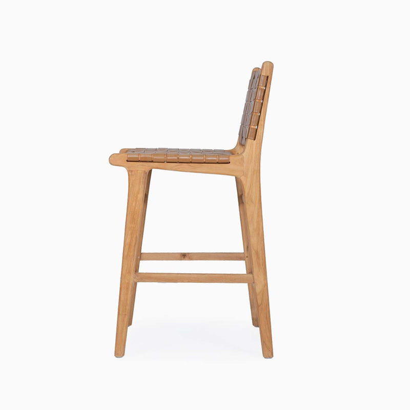Teak and Woven Leather Counter Stool with Back | Tan