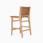 Teak and Woven Leather Counter Stool with Back | Tan
