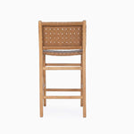 Teak and Woven Leather Counter Stool with Back | Tan