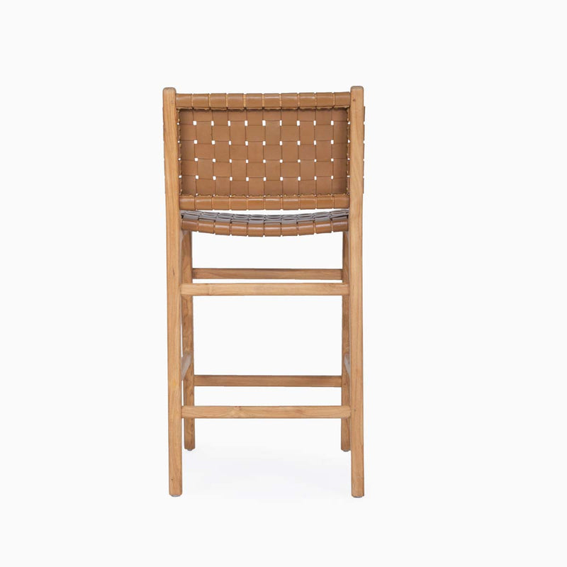 Teak and Woven Leather Counter Stool with Back | Tan