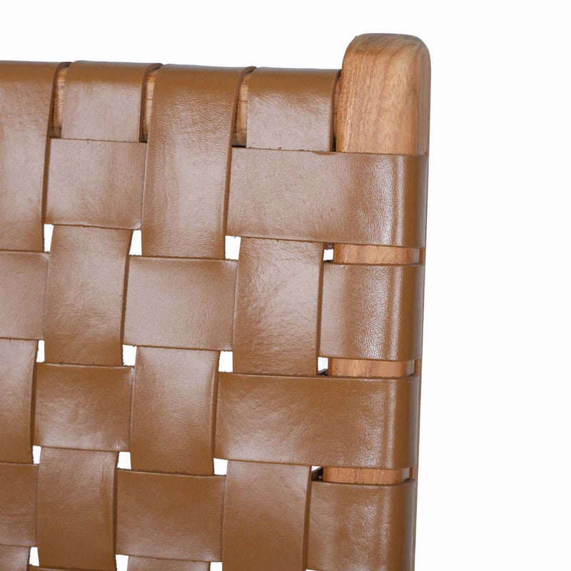 Teak and Woven Leather Counter Stool with Back | Tan
