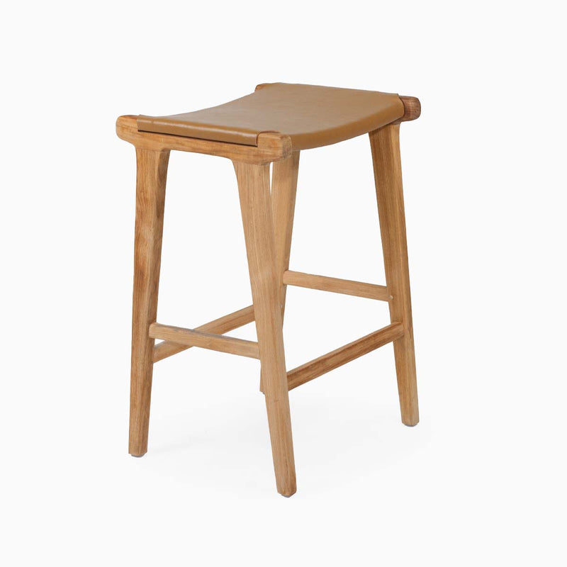 Teak and Leather Counter Stool | Tan