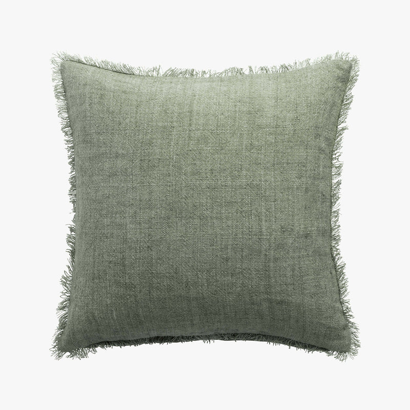 sea green fringed linen cushion
