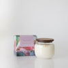 scented candle in glass jar with wooden cap hyacinth and hawthorn