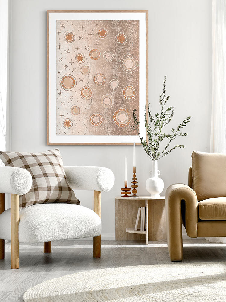 art-print-indigenous-dot-art-blush-peach-beige-oak-frame