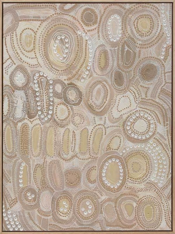 Australian indigenous art canvas neutral tones oak frame