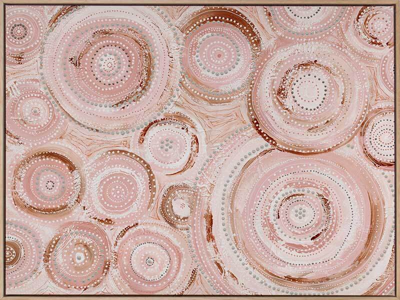 Australian indigenous art canvas pink nude, beige oak frame