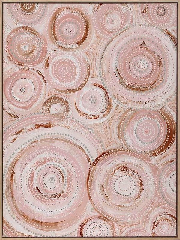 Australian indigenous art canvas pink nude, beige oak frame