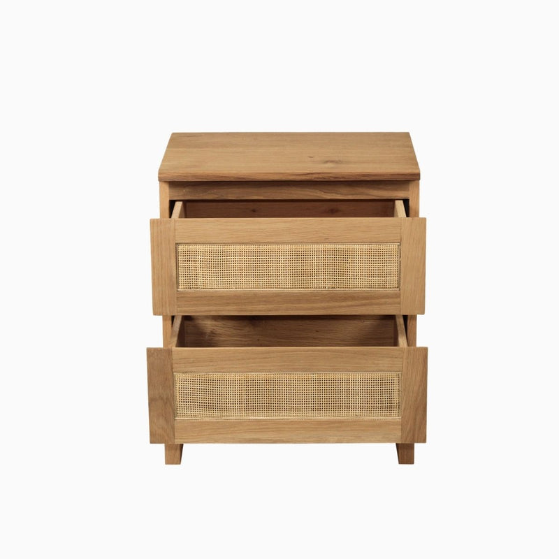 American oak and rattan bedside table drawers open