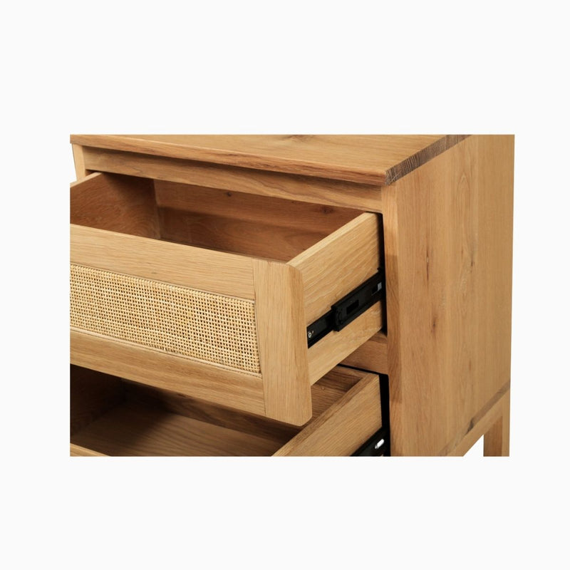 American oak and rattan bedside table drawer open closeup