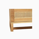 American oak and rattan bedside table drawer front closeup