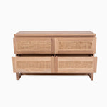 Oak and rattan chest of drawers open