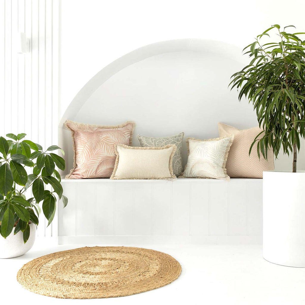 palm frond print indoor outdoor fringed cushion