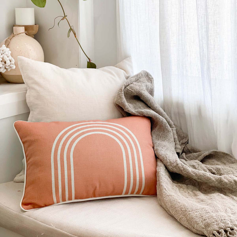 indoor outdoor cushion terracotta with oatmeal arch