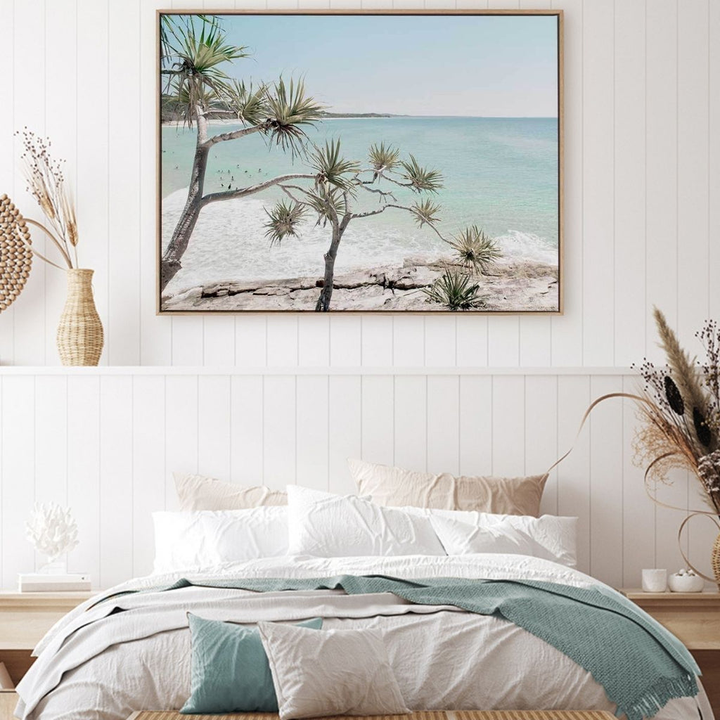 art-print-pandanus-palms-beach-stretched-canvas-oak-frame