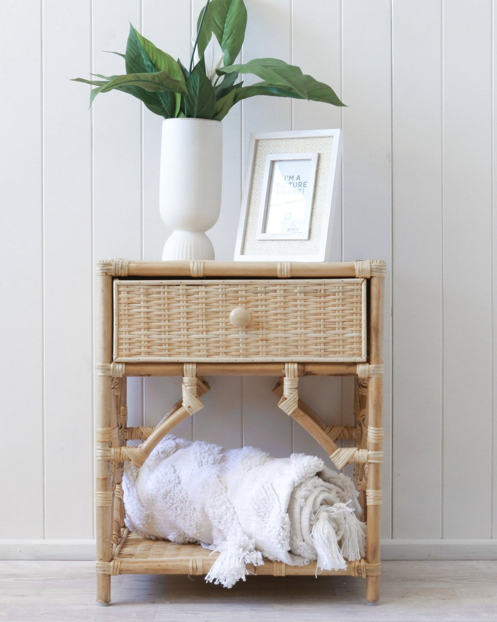 rattan bedside table with drawer front view